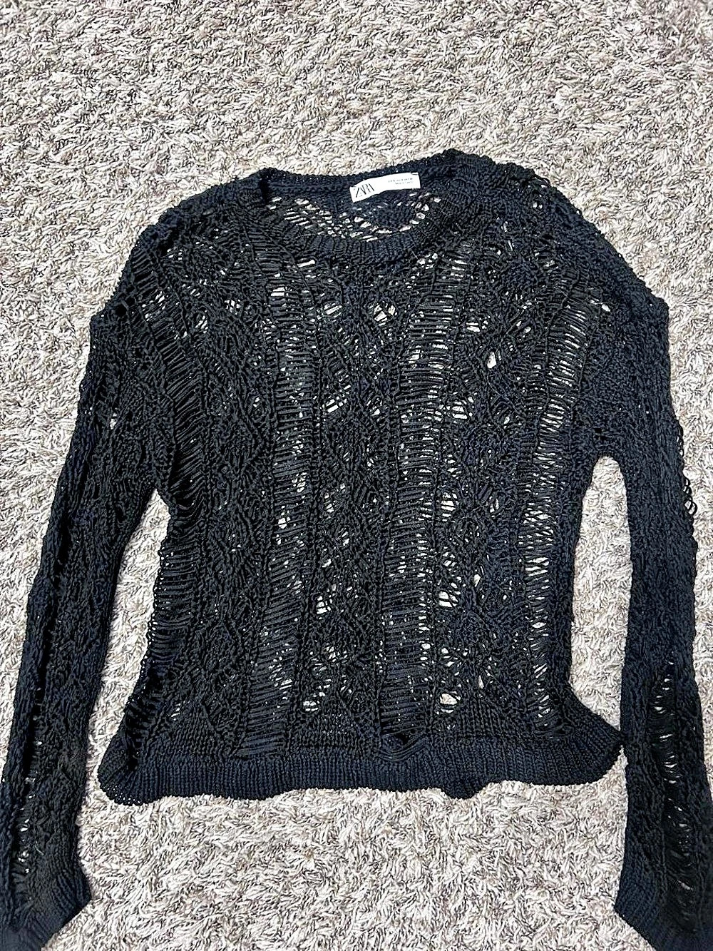 Zara Open Knit Distressed Sweater in Black Size Medium